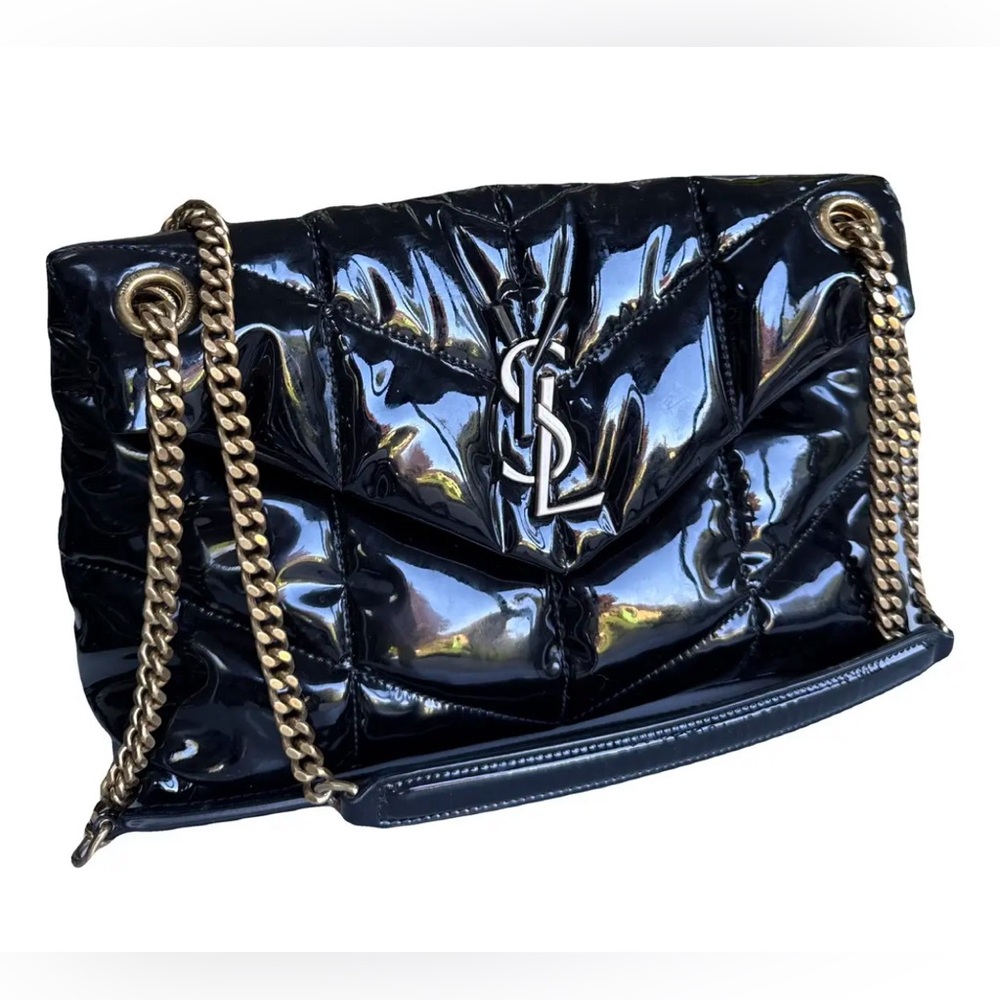 SAINT LAURENT Patent Quilted Small Loulou Puffer Monogram Chain Satchel Blk NWT